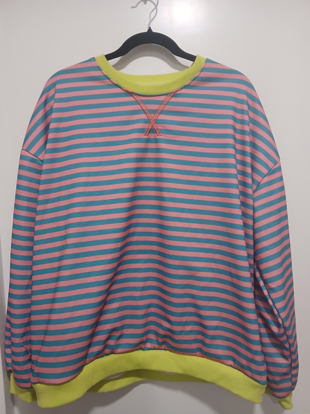 Striped Crewneck Sweatshirt in Pink & Teal with Yellow Trim